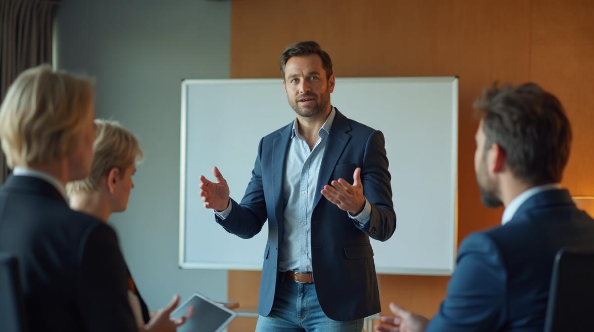 Empresário comunicando proposta de valor com clareza