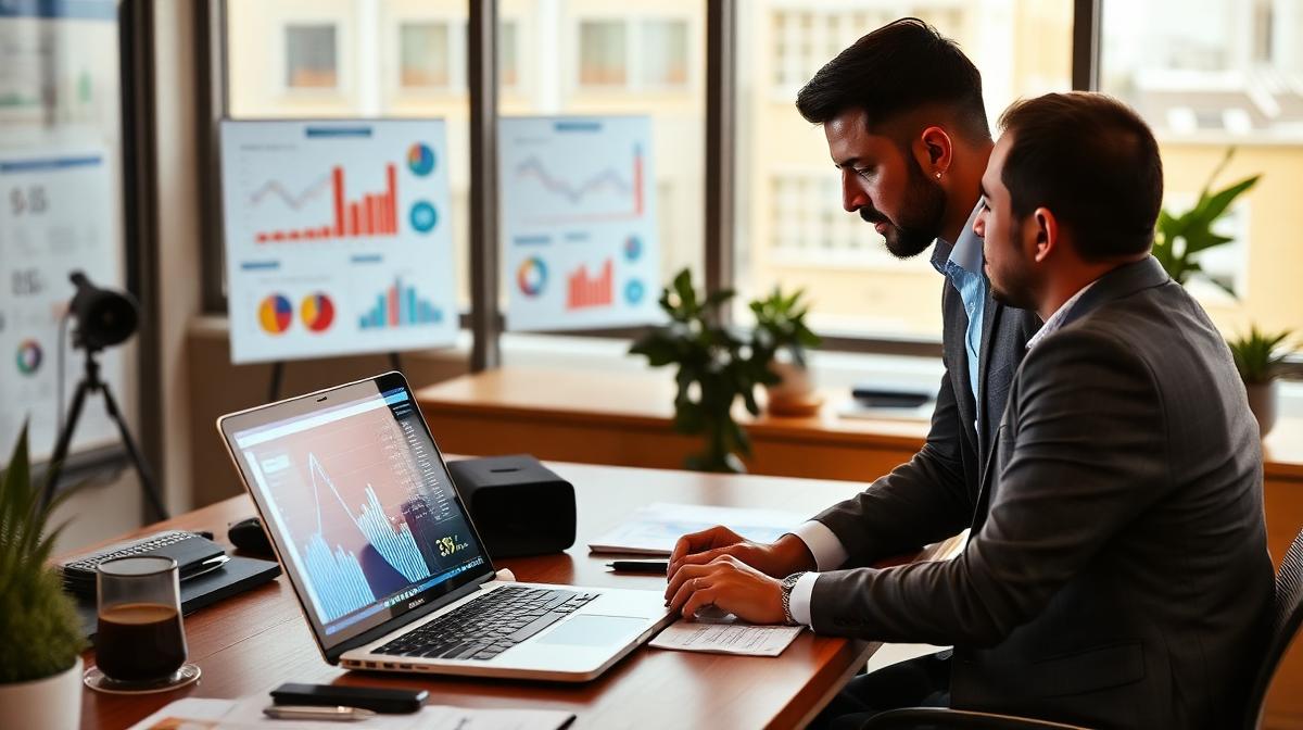 Empresário analisando números e gráficos com consultor de marketing