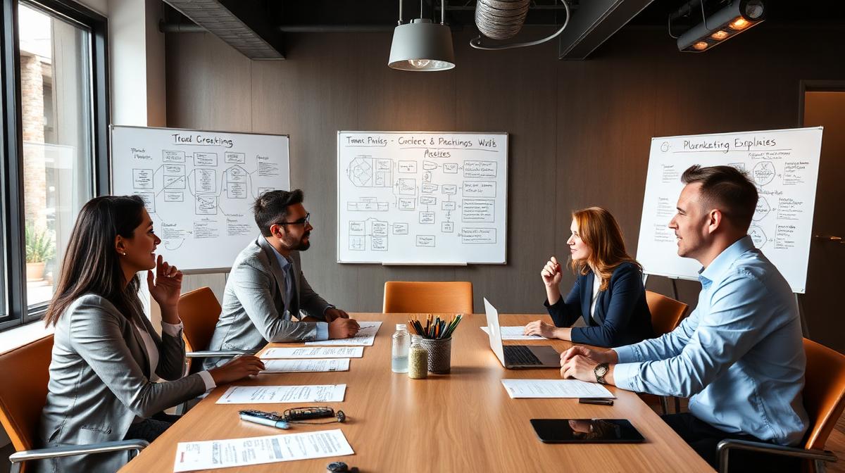 Reunião estratégica de marketing com planejamento e execução