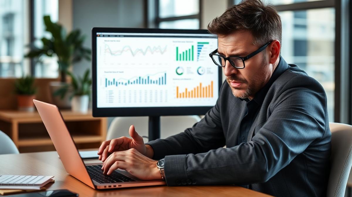 Empresário analisando relatórios de marketing com expressão preocupada no escritório