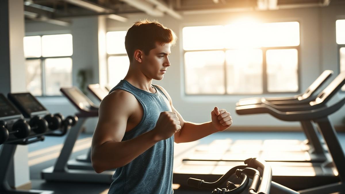Pessoa treinando em uma academia como hábito de prevenção.