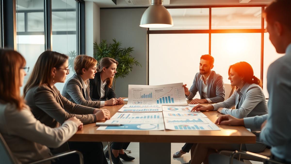 Equipe realizando planejamento estratégico de marketing.