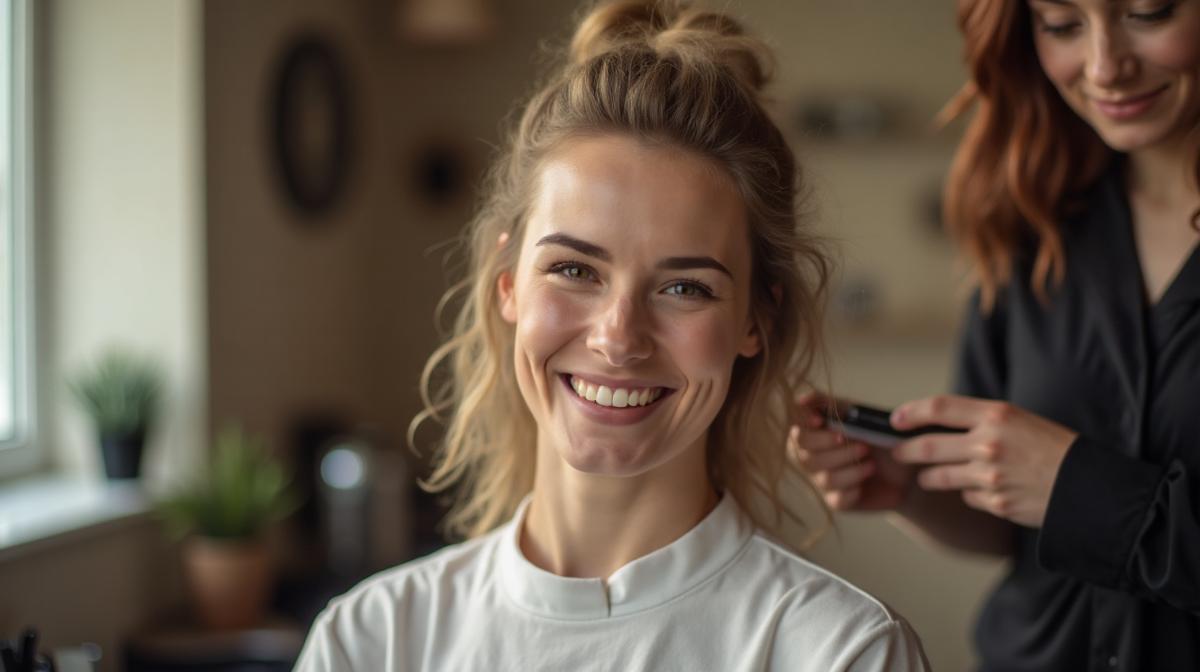 Cliente satisfeita após atendimento em salão de beleza