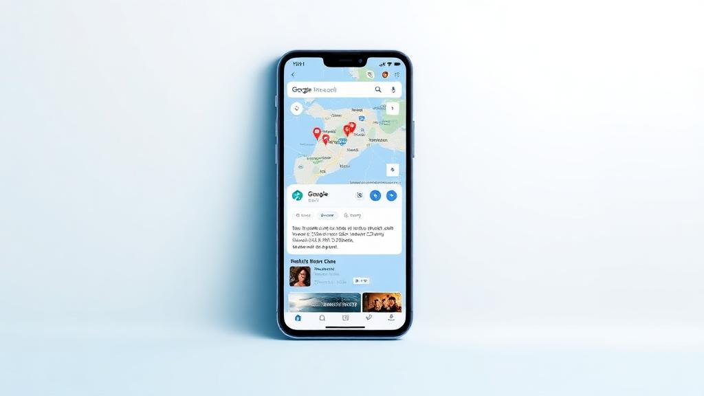 Smartphone exibindo resultados de busca local no Google com mapa e listagem de empresas
