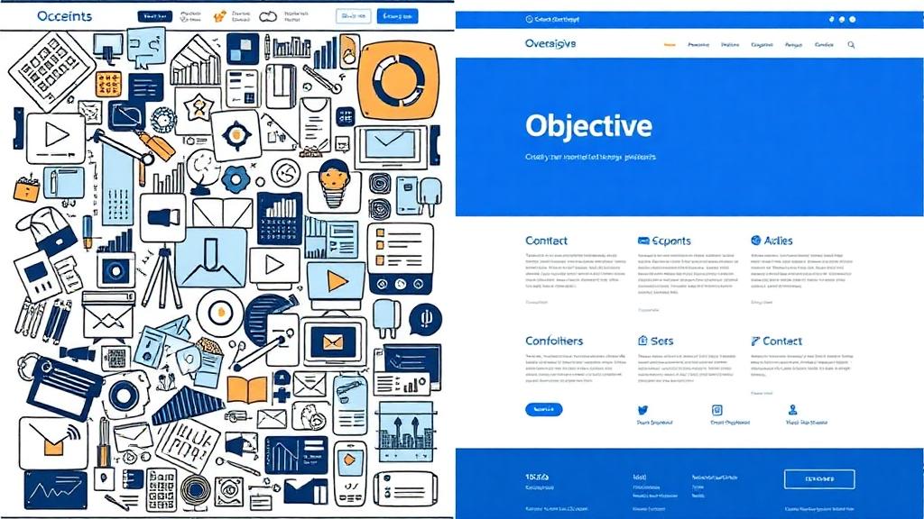 Comparação visual entre um site confuso e poluído versus um site limpo e objetivo