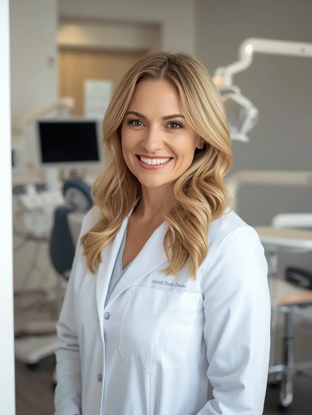 Dentista jovem sorrindo no consultório